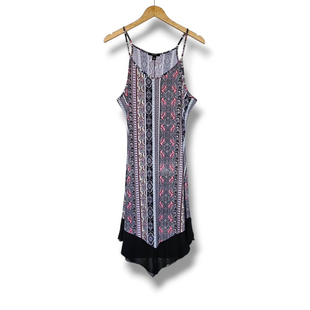 Espresso Dress L Womens Pink Paisley Handkerchief Hem Black Sheer Trim Boho Y2K
